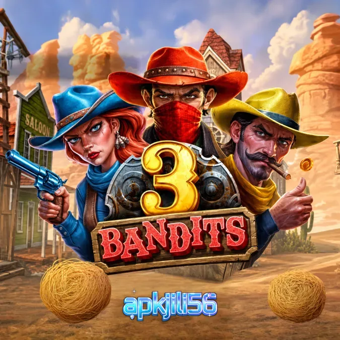 Tampilan visual slot 3 Bandits dengan tema koboi dan mekanisme pengumpulan koin.